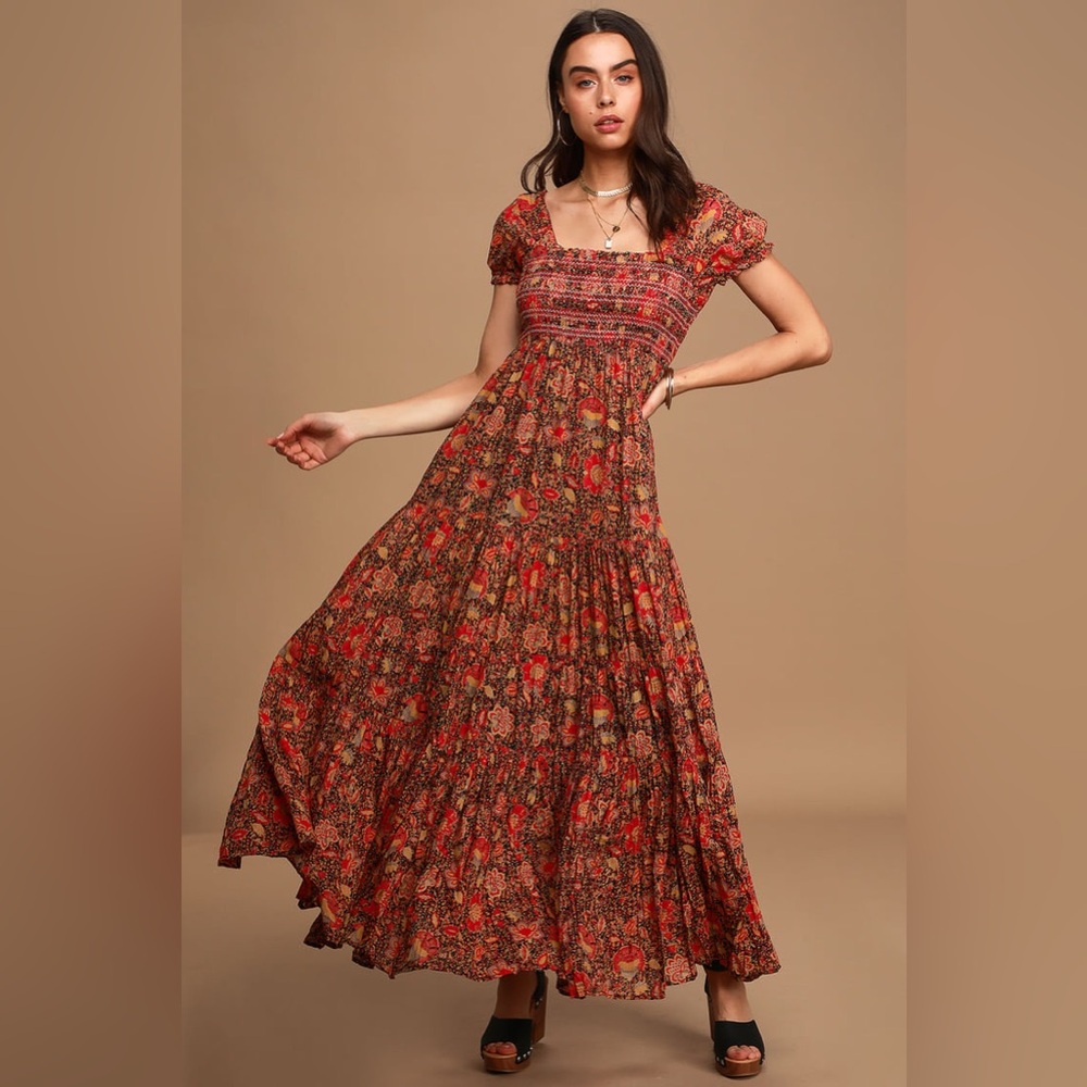 Free People Getaway Red Floral Print Pleated Tiered Maxi Dress